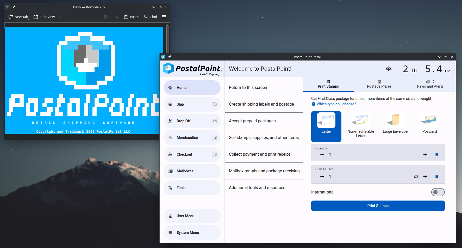 PostalPoint retail shipping software running on Linux Kubuntu workstation