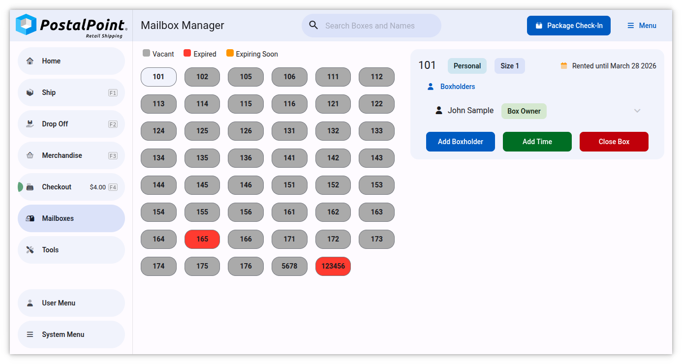 Modern, user-friendly mailbox management interface in PostalPoint, featuring one-click package check-in and automated rent collection.