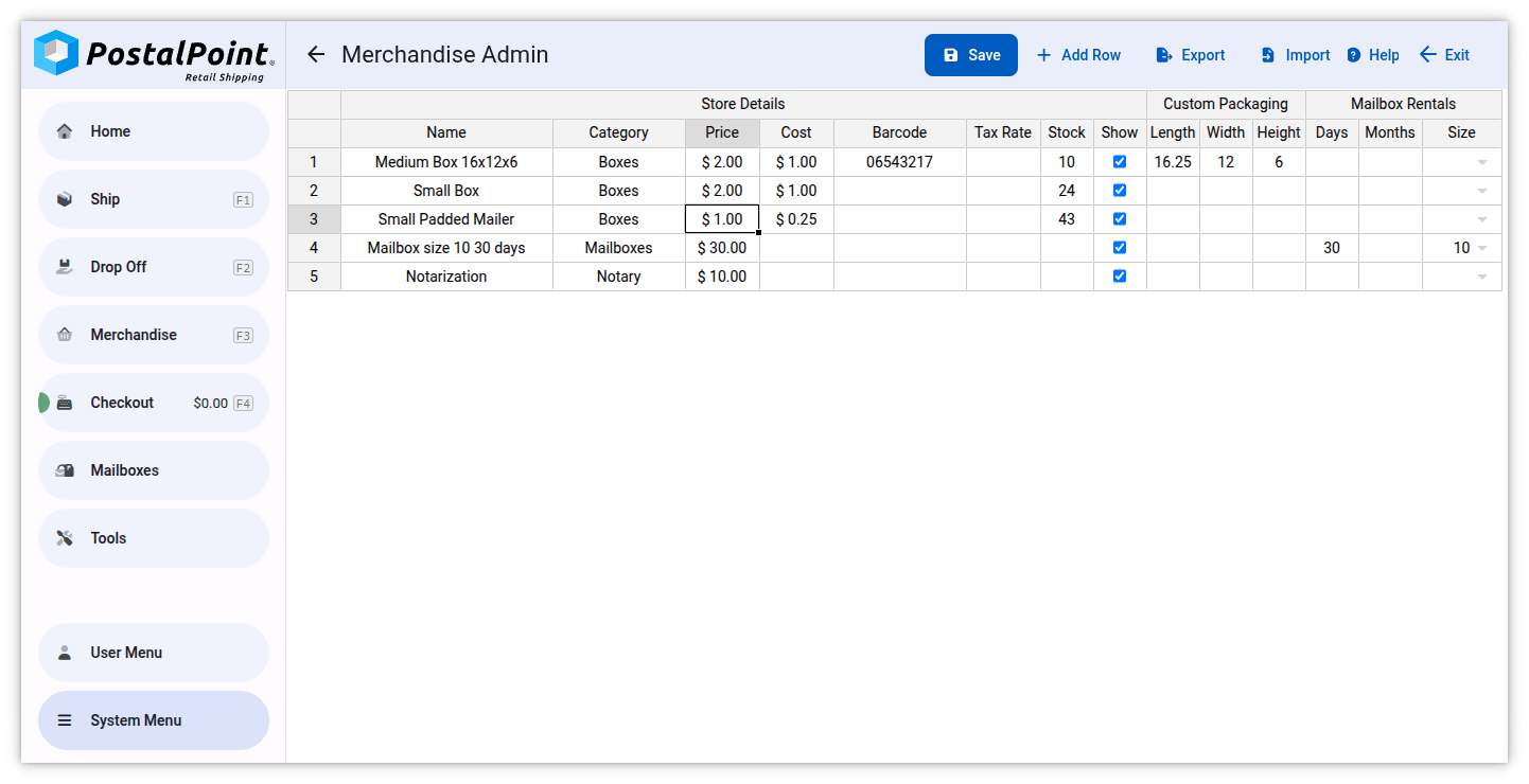 PostalPoint Merchandise Admin Interface